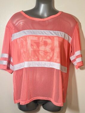 BEBE Sport Coral Pink Sheer Mesh Athletic Tee Shirt Logo Size XL